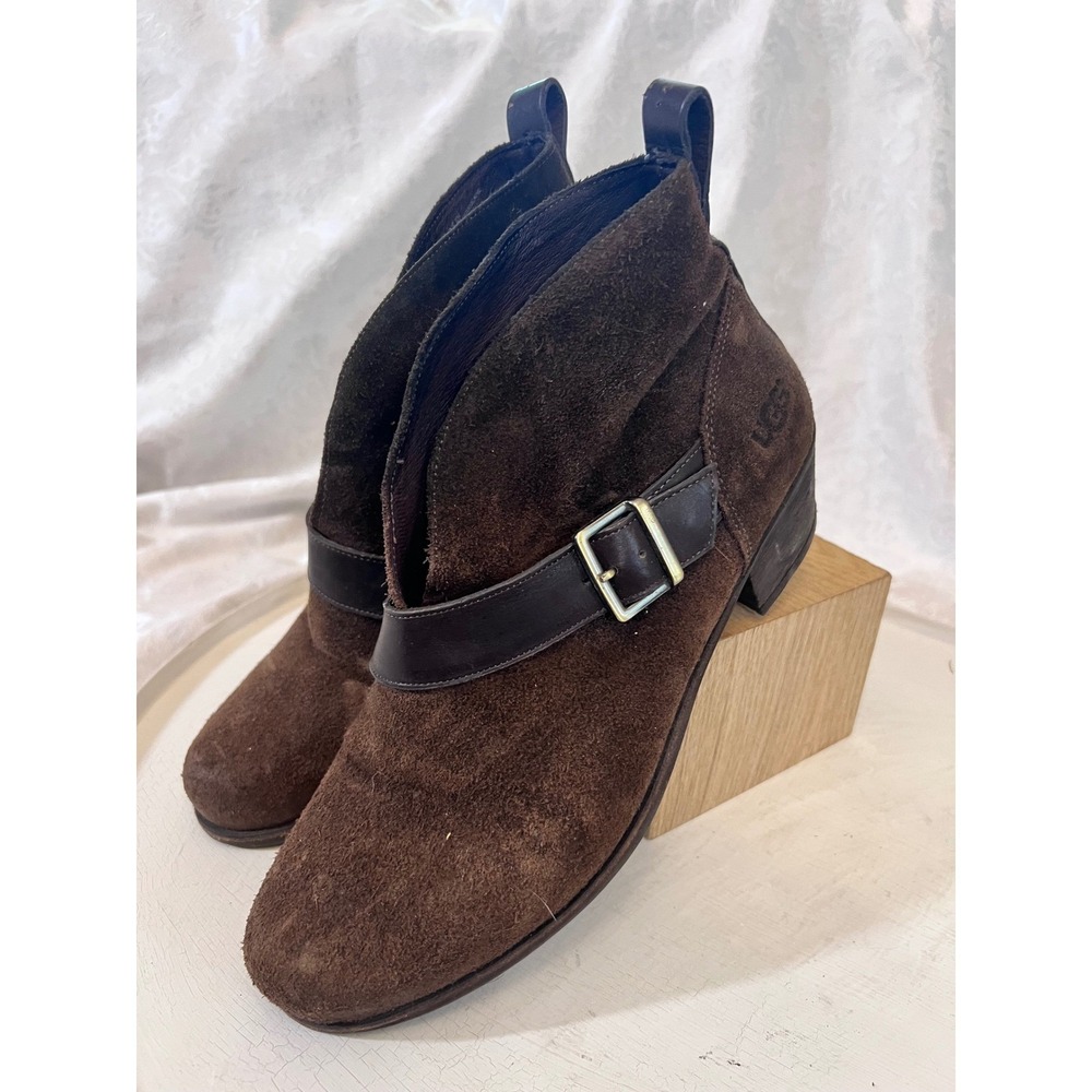 UGG Australia Brown Suede Buckle Strap Ankle Boots 10 Low Block Heel Bootie